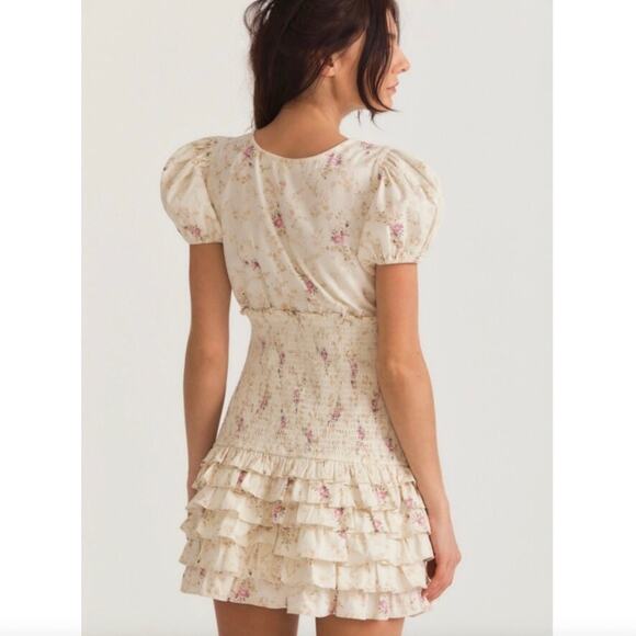 LoveShackFancy NWT Radia Smocked Cotton Cream Pink Floral Mini Dress size Large - Picture 10 of 16